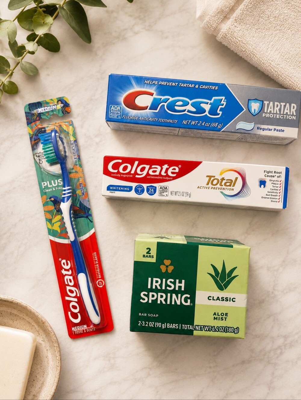 Crest, Colgate Tartar Protection Toothpaste, Toothbrush And 2 Irish Spring Soap